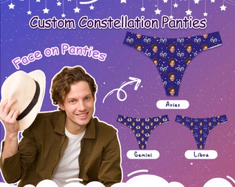 Custom Photo Panties, Personalized Zodiac Panties, Custom Photo Thong Underwear, Constellation Gift, Bachelor Party Christmas Gifts For Her