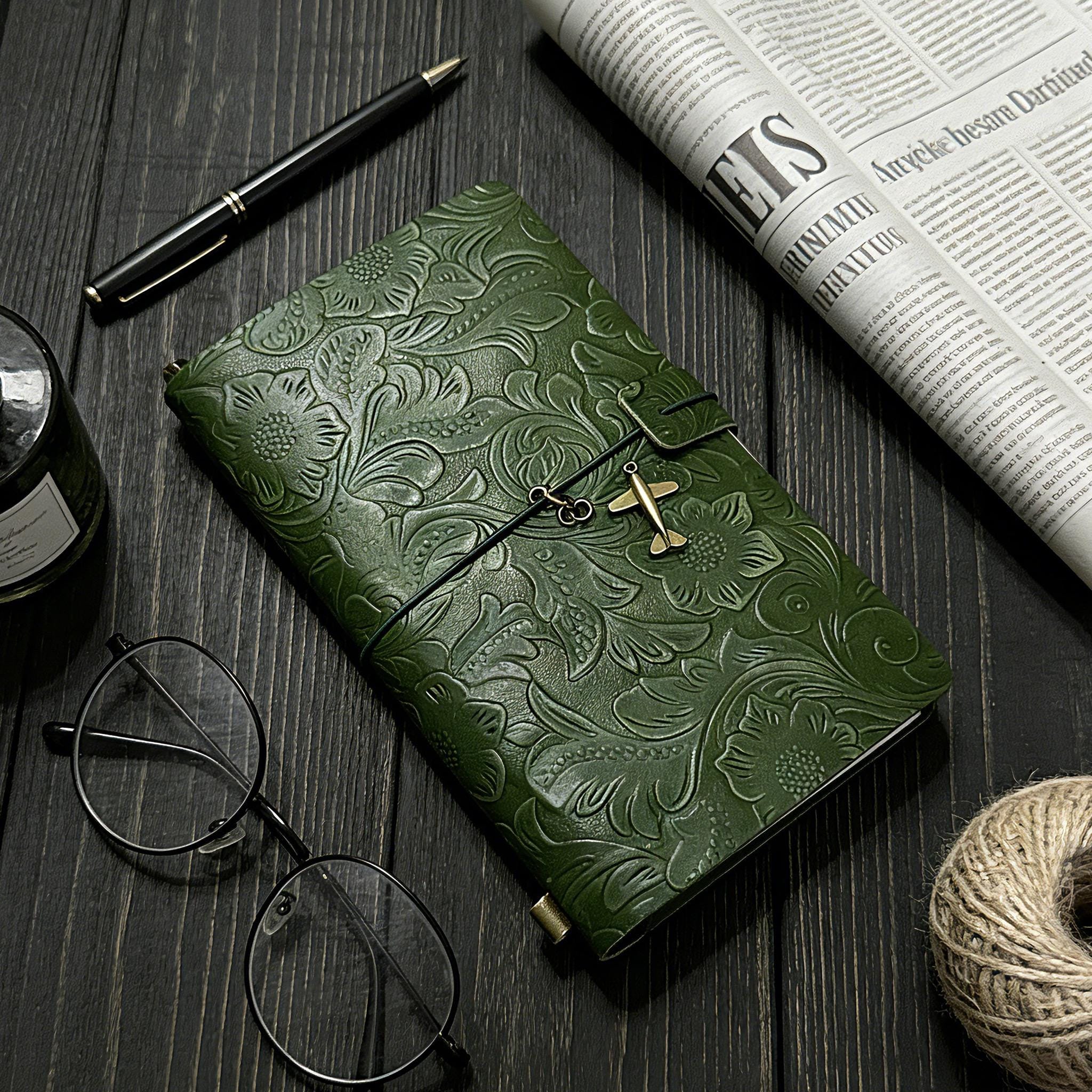 Antique Green Leather Journal Flower Engraved Notebook, Genuine Leather ...