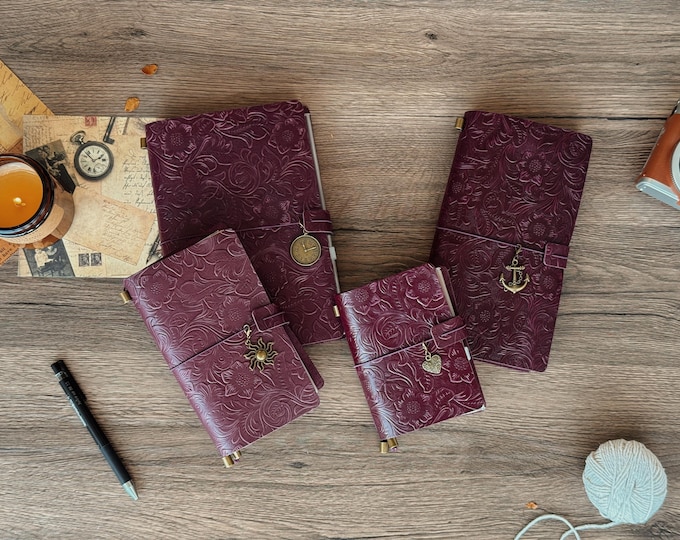 Antique Purple Leather Journal Flower Engraved Notebook, Genuine Leather Travel Journal, Floral Embossed Leather Journal, Handmade Gift