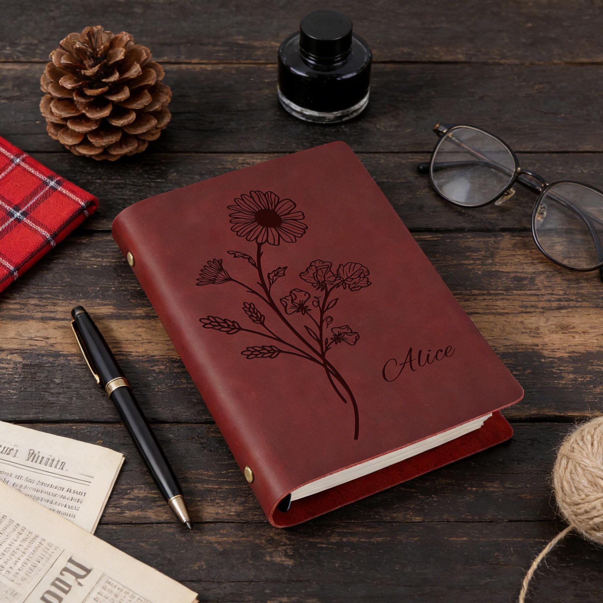 Personalized Birth Flower Leather Notebook, Custom Name Journal ...