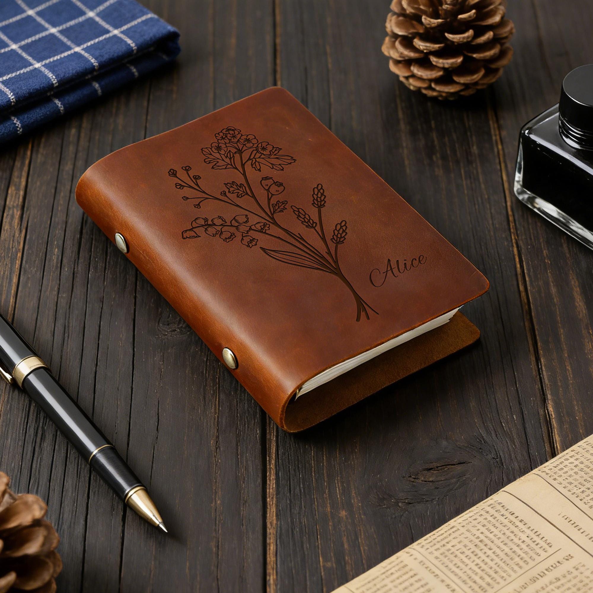 Birth Note Book Personalized Birth Flower Leather Notebook, Custom Name Engraved ...