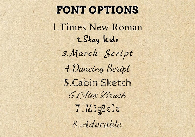 Może przedstawiać: Lista ośmiu opcji czcionek do projektu graficznego. Opcje to: Times New Roman, Stay kids, Marck Script, Dancing Script, Cabin Sketch, Alex Brush, Migaela i Adorable.