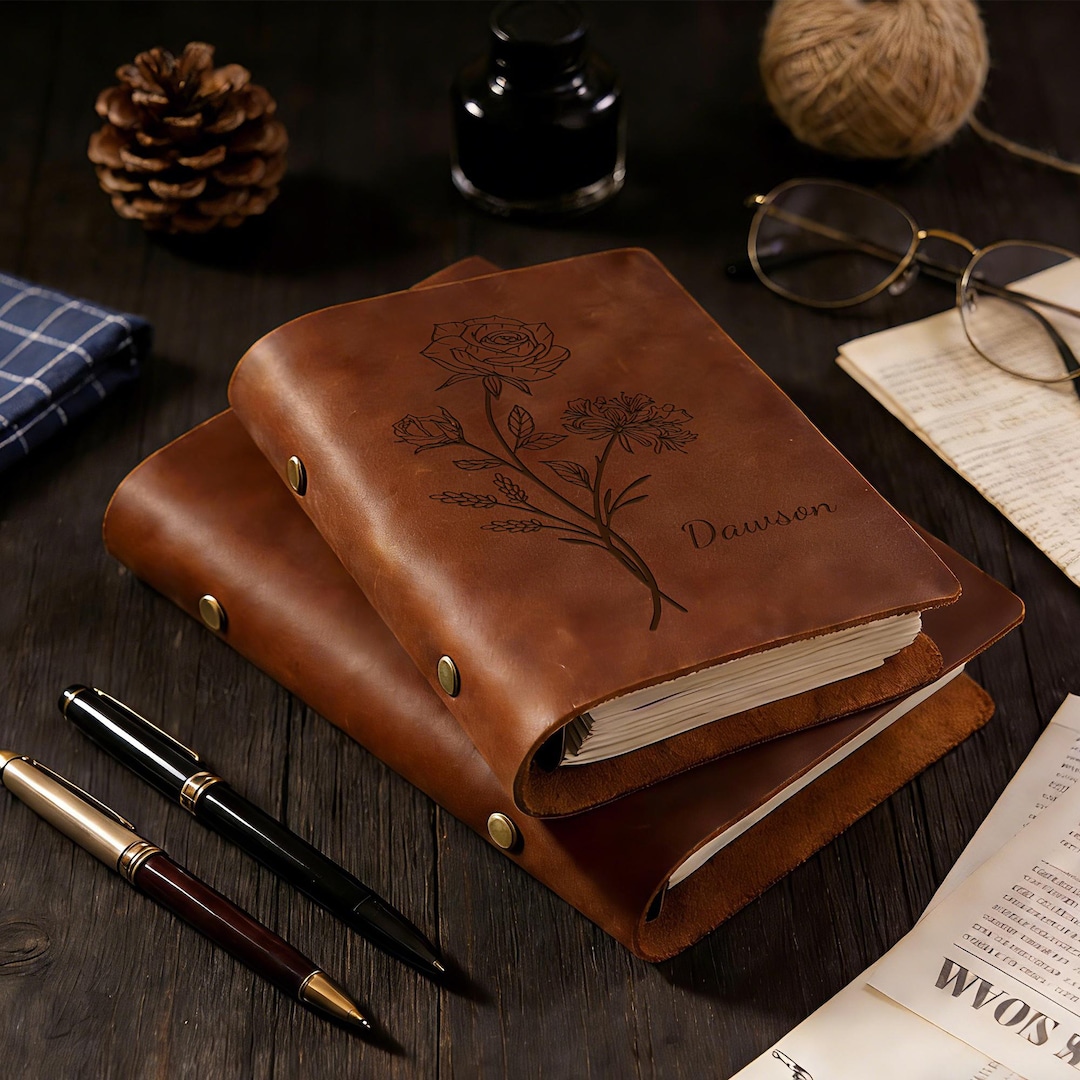 Personalized Birth Flower Leather Notebook, Custom Name Engraved ...