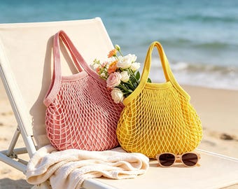 Französische Markttasche aus Baumwollnetz, farbenfrohe, wiederverwendbare Einkaufstasche, Netztasche, Strandtasche für den Sommer, Urlaubsgeschenk für Sie