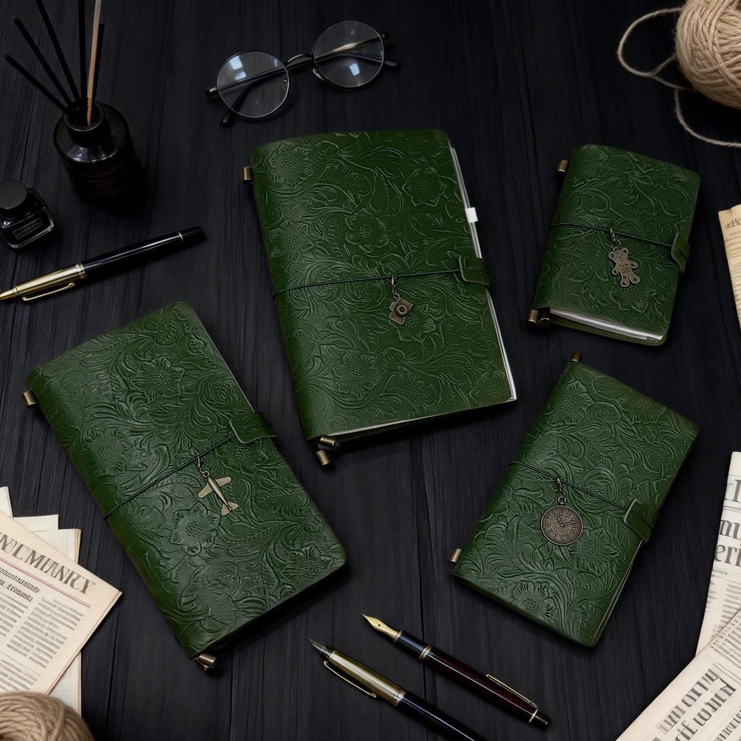Antique Green Leather Journal Flower Engraved Notebook, Genuine Leather ...