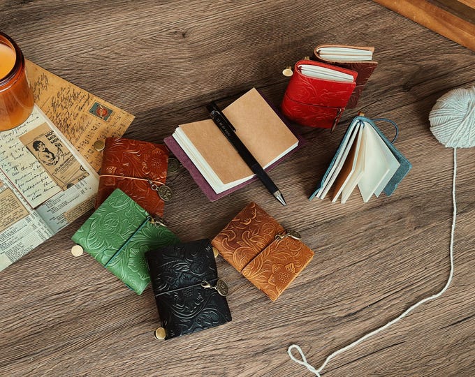 Personalized Leather Retro Pocket Notebook, Antique Mini Leather Traveler's Journal, Pocket Portable Journal Agenda Planner, Gift for Her