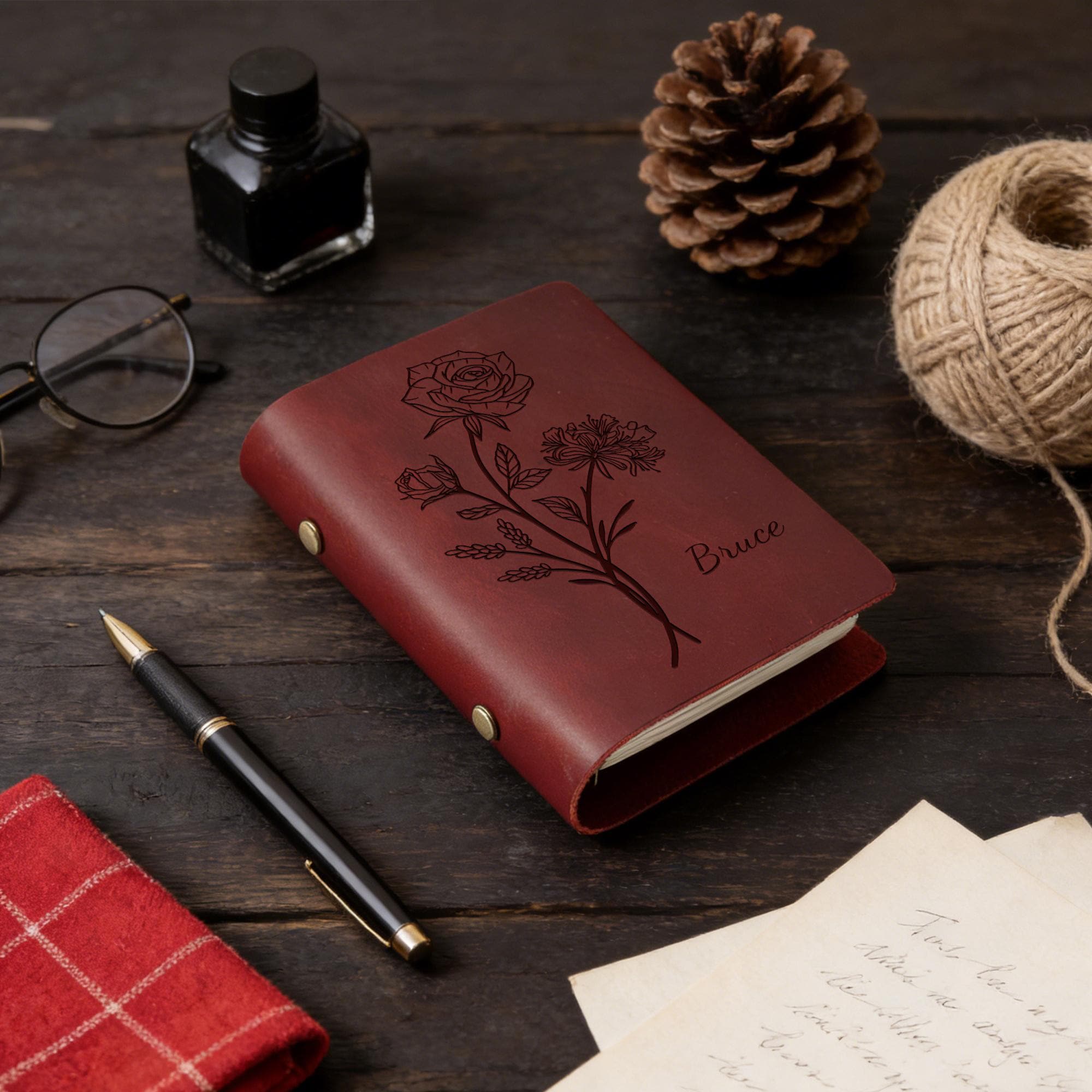 Personalized Birth Flower Leather Notebook, Custom Name Journal ...