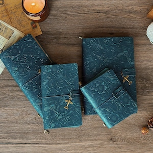 Antique Blue Leather Journal Flower Engraved Notebook, Floral Embossed Leather Journal, Genuine Leather Travel Journal, Handmade Gift
