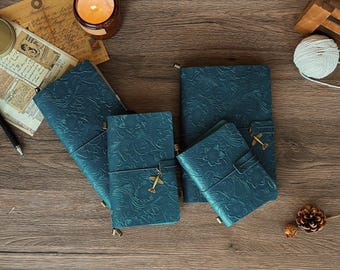 Antique Blue Leather Journal Flower Engraved Notebook, Floral Embossed Leather Journal, Genuine Leather Travel Journal, Handmade Gift