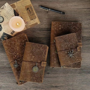 Antique Dark brown Leather Journal Flower Engraved Notebook, Floral Embossed Leather Journal, Genuine Leather Travel Journal, Handmade Gift
