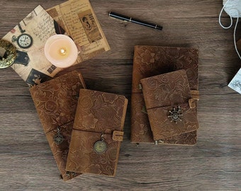 Antique Dark brown Leather Journal Flower Engraved Notebook, Floral Embossed Leather Journal, Genuine Leather Travel Journal, Handmade Gift