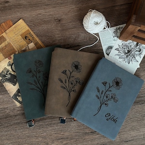 Diário de nascimento personalizado com flores, diário de couro com nome personalizado, caderno personalizado A5, diário gravado, presente empresarial, presente feito à mão