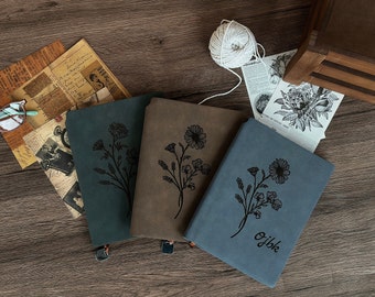 Personalized Birth Flower Journal, Custom name Leather Journal, Personalized Notebook A5, Engraved Journal, Business Gift, Handmade Gift