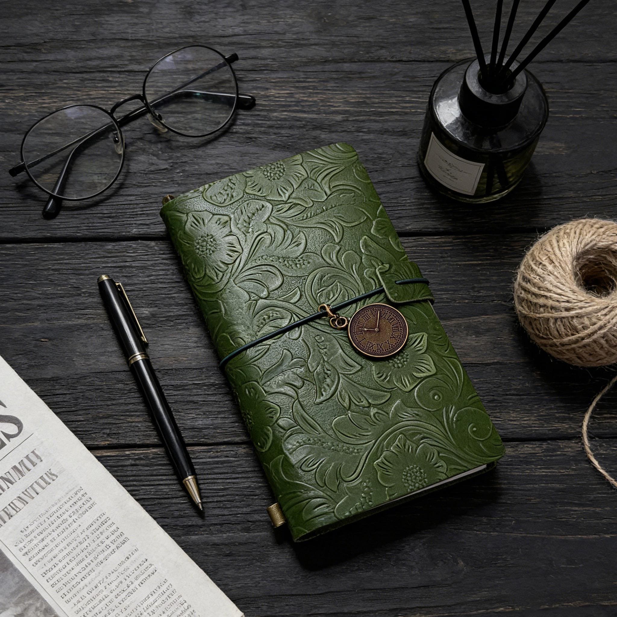 Antique Green Leather Journal Flower Engraved Notebook, Genuine Leather ...