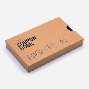 May include: A brown cardboard box with the text "Little Coupon Book" and "Nights In" printed on it. The box is closed and has a blue edge.