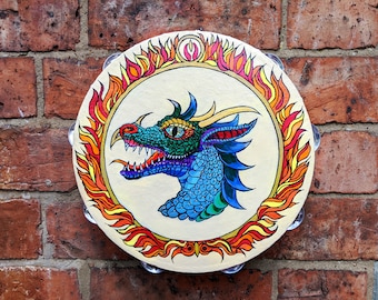 Awesome 10 inch Blue Dragon Gypsy Tambourine Handpainted- No Feathers or Streamers- Free Personalisation