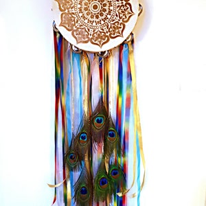 Rainbow Road Beautiful 10 Embellished Gypsy Tambourine with Painted Golden Mandala and 7 Peacock Feathers for LuckFree Personalization image 5