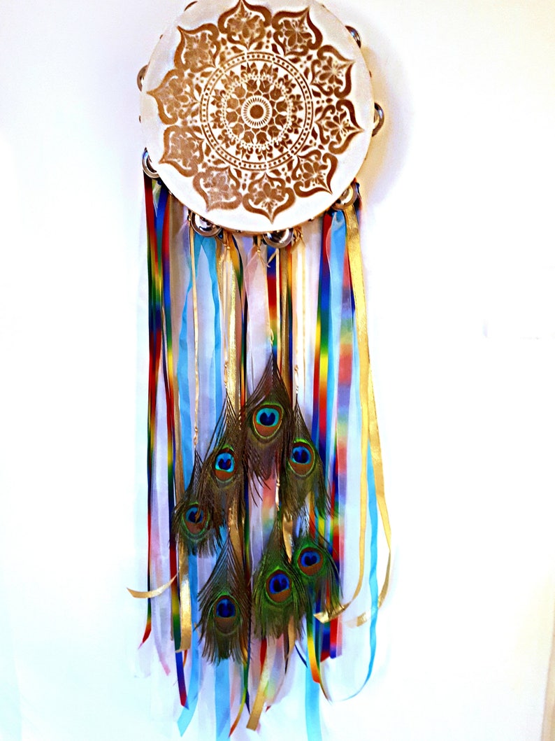 Rainbow Road Beautiful 10 Embellished Gypsy Tambourine with Painted Golden Mandala and 7 Peacock Feathers for LuckFree Personalization image 5