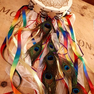 Rainbow Road Beautiful 10 Embellished Gypsy Tambourine with Painted Golden Mandala and 7 Peacock Feathers for LuckFree Personalization image 4