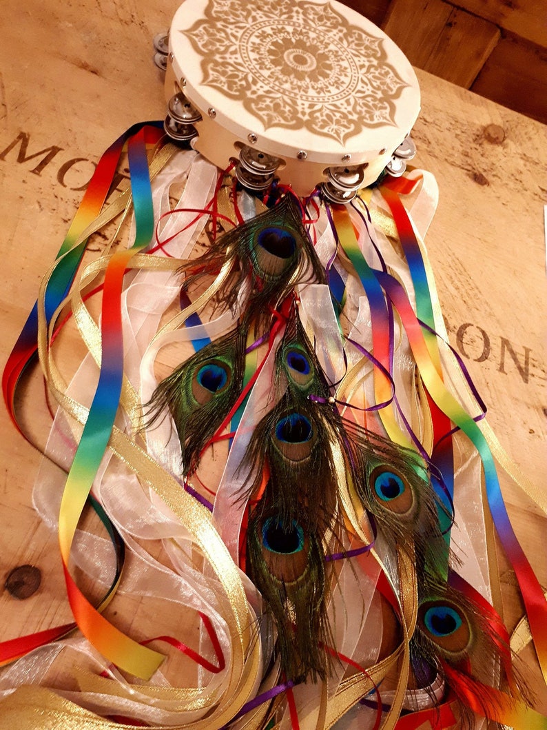 Rainbow Road Beautiful 10 Embellished Gypsy Tambourine with Painted Golden Mandala and 7 Peacock Feathers for LuckFree Personalization image 4