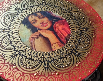 Beautiful Gypsy Girl Hugging Her Tambourine 10 inch Gypsy Tambourine Vintage Style- Can Be Personalized.