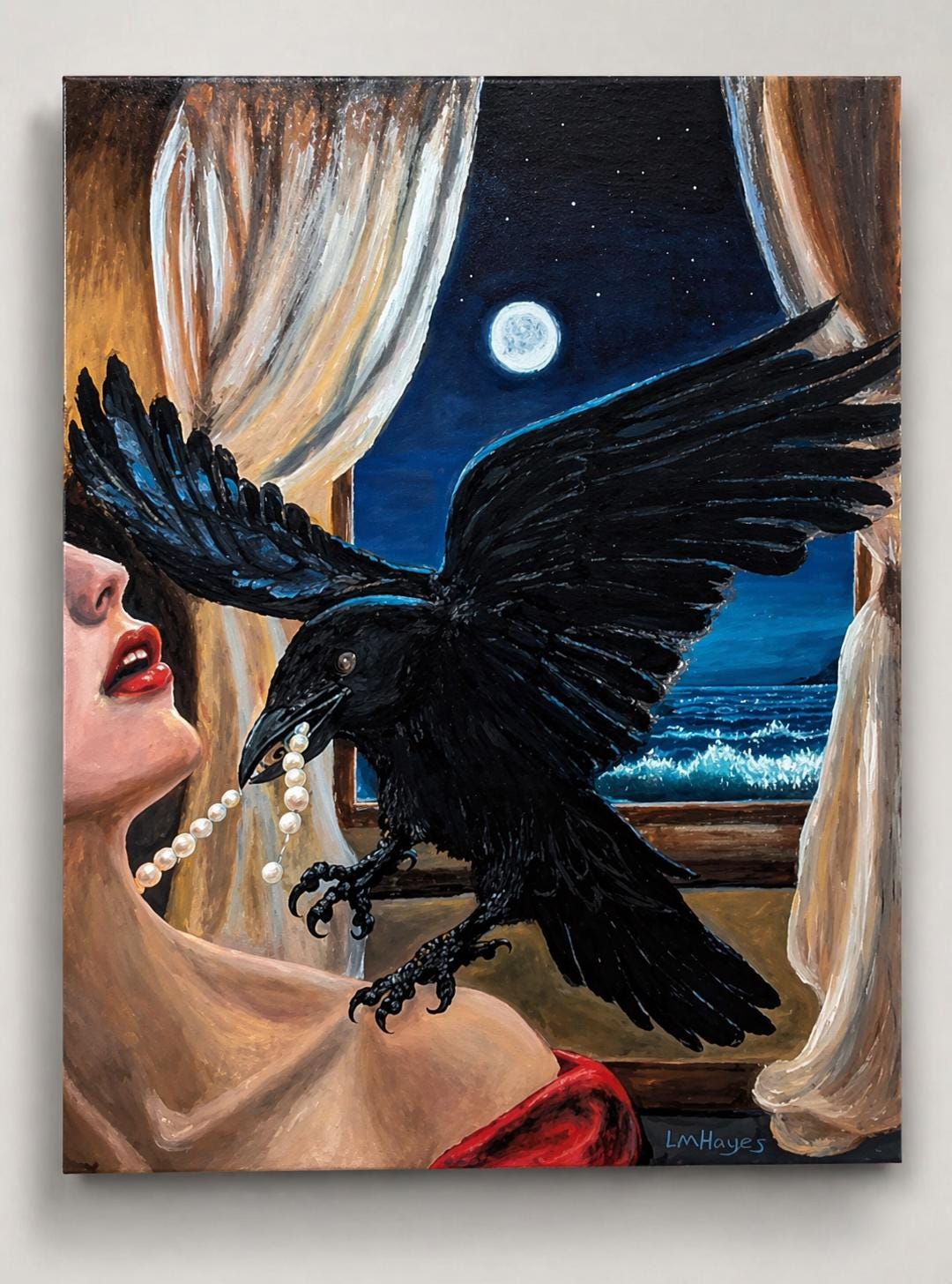 Raven Ocean Original Raven Painting, Moonlit Ocean Surreal Art, Pearl Theft Scene ...