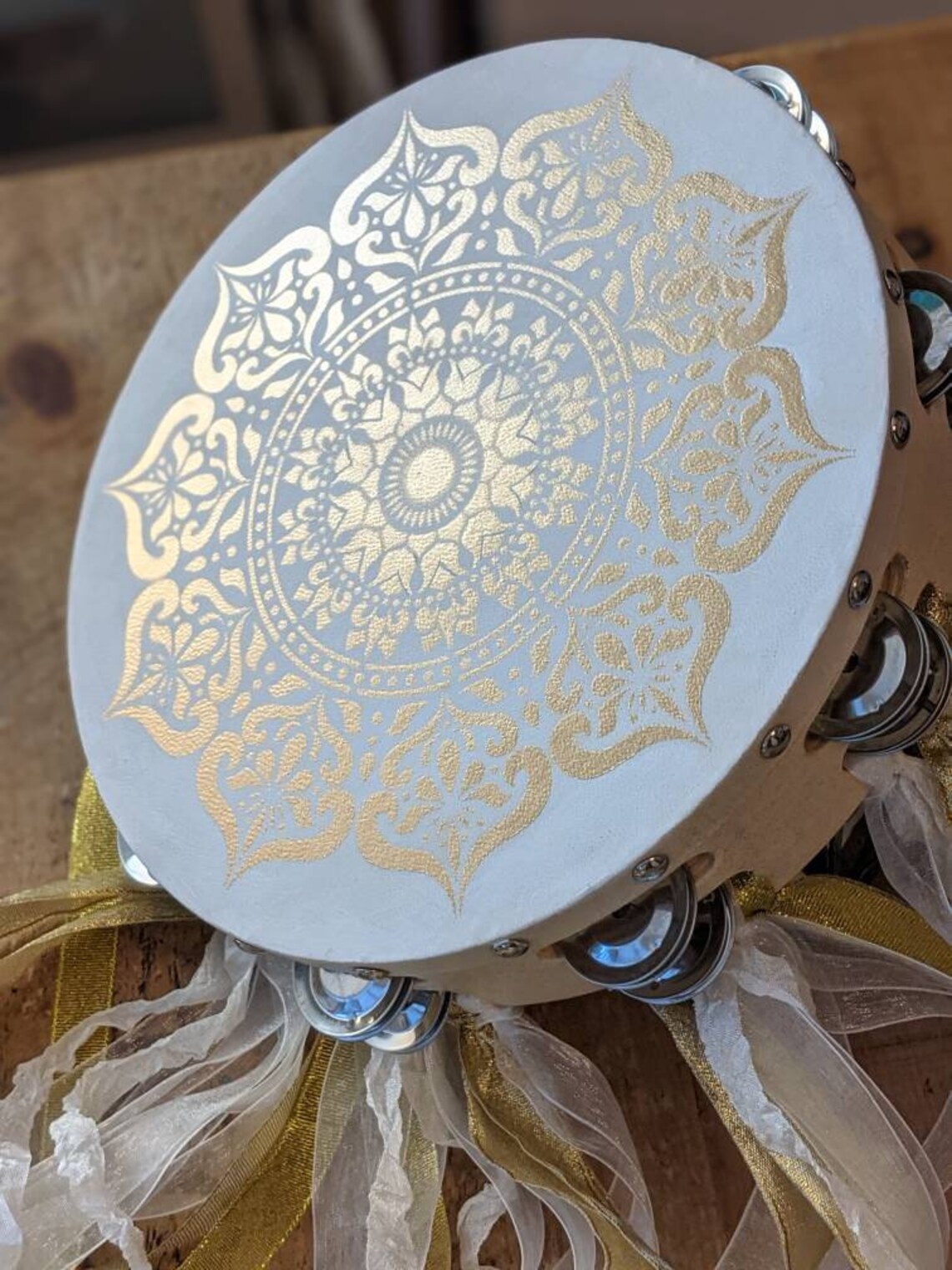 Beautiful Embellished Gypsy Tambourine With Paintedmetallic Golden