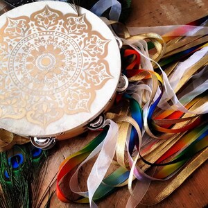 Rainbow Road Beautiful 10 Embellished Gypsy Tambourine with Painted Golden Mandala and 7 Peacock Feathers for LuckFree Personalization image 3