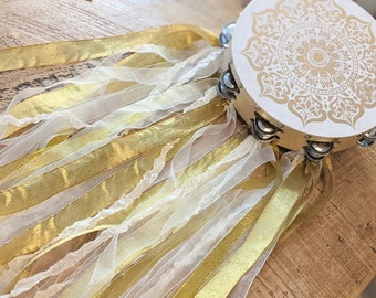 Beautiful Embellished Gypsy Tambourine with PaintedMetallic Golden Mandala and Organza and Satin Streamers -NO FEATHERS Can be Personalized