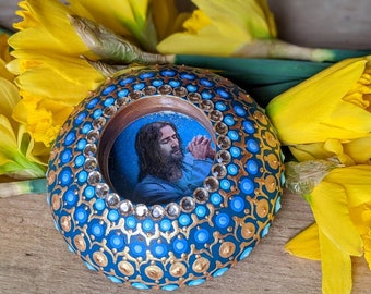 Praying Jesus Mandala Prayer Tealight Candle Holder. Hand painted. Original Gift,Home decor, Useable Art