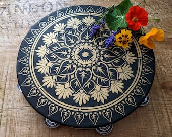 Shimmering Gold Floral - Large 12" Single Row Gypsy Tambourine Handpainted Mandala - No Feathers or Streamers- Free Personalisation