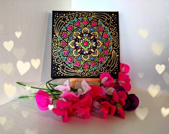 Neon Hearts and Shooting Stars Mandala Painting 6" Acrylic on Canvas Original Gift, Home Decor,Positivity, Meditation, Yoga