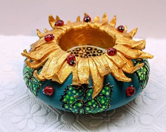 Ladybugs on a Golden Sunflower Tealight Holder. Hand Painted. Original Gift,Home Decor, Useable Art, Figurine