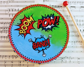 Boom Pow Bang Hand Painted 8 Inch Frame Drum With Beater. Pop Art.