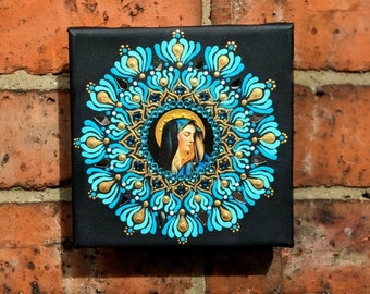 Mother Mary Mandala 6 inch Acrylic on Canvas With Mirrors and Rhinestones