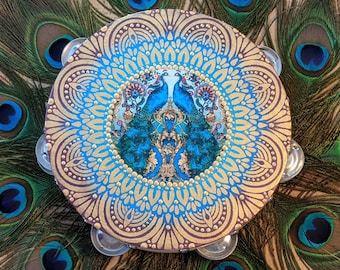 Mirrored Peacock Mandala 8 Inch Tambourine Beautiful Handpainted Mandala no Feathers or Streamers Free Personalization