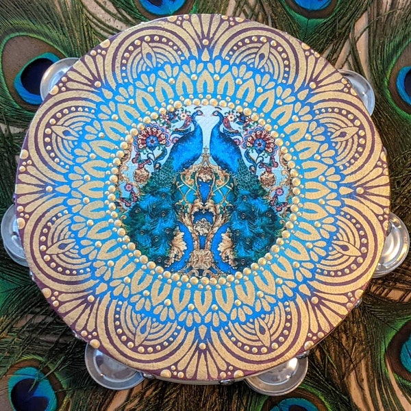 Gespiegelte Pfau Mandala 8 Zoll Tambourin Schöne Handgemalte Mandala keine Federn oder Luftschlangen Kostenlose Personalisierung