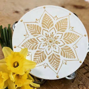 Golden Flower Mandala 8 Inch Tambourine -  Beautiful Handpainted Mandala - no Feathers or Streamers -  Free Personalization