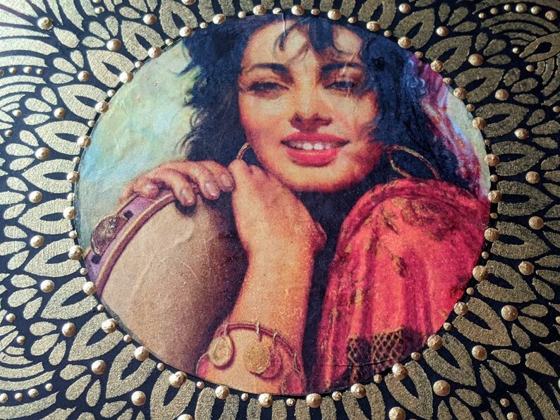 Beautiful Gypsy Girl Hugging Her Tambourine 10 Inch Gypsy Tambourine