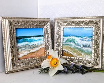 A Pair of pretty little Crashing Waves Seaside Oil Paintings 4" Square -Oil on Canvas in Ornate Shabby Chic Silver Frames Home Decor