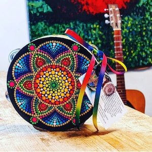 Seed of Life Rainbow 8 Inch Tambourine -  Beautiful Handpainted Mandala - no Feathers or Streamers - Can be personalized