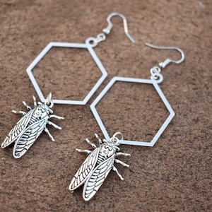 Hexagonal Earrings with Cicada Charms
