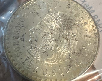 1947 メキシコ 5 ペソ 90% シルバー コイン .900AG アステカ クアウテモック 30g 40 mm 本物保証 XF/AU AUMX138