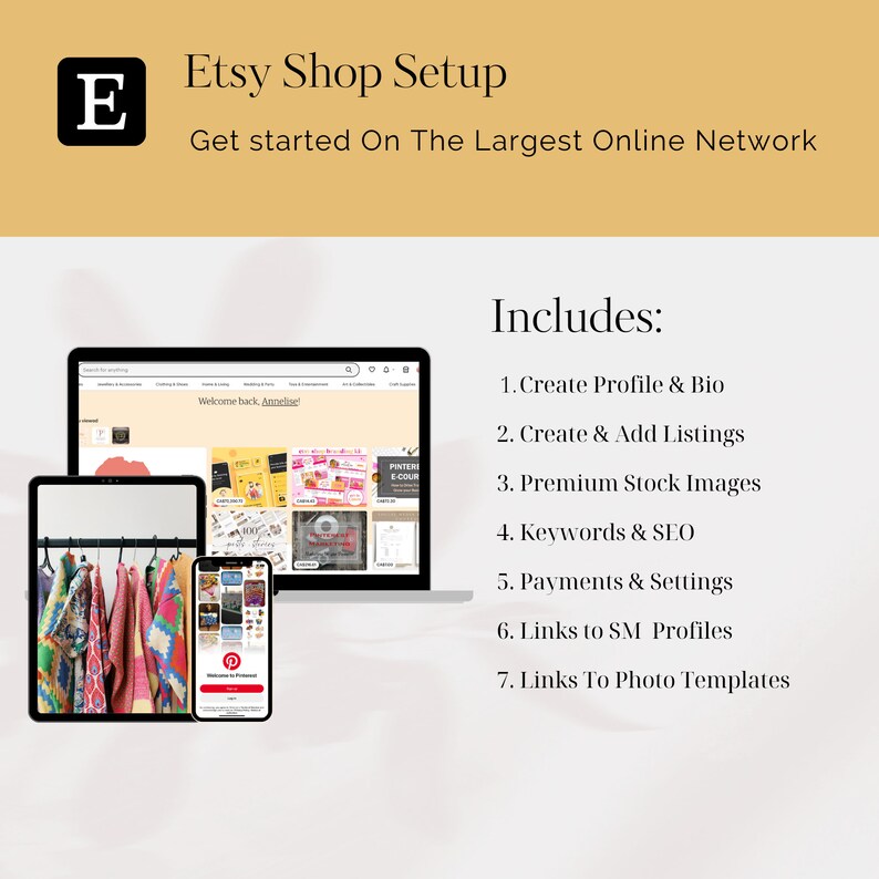 May include: An image promoting Etsy shop setup, featuring a laptop, tablet, and smartphone displaying Etsy pages. The text includes "Etsy Shop Setup" and "Get started On The Largest Online Network." The image also lists steps like creating a profile, adding listings, and SEO.