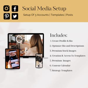 Op de afbeelding: Afbeelding ter promotie van social media setup services. De afbeelding bevat een laptop, tablet en smartphone met social media content. Tekst bevat "Social Media Setup" en een lijst met diensten: Create Profile & Bio, Optimize Bio and Descriptions, en meer.
