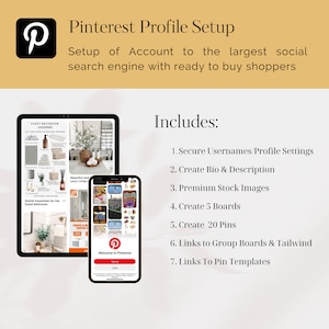 Op de afbeelding: Een digitale illustratie van een Pinterest-profielopstellingservice. De afbeelding toont een telefoonscherm met het Pinterest-logo en de tekst "Welkom op Pinterest". De afbeelding toont ook een tabletscherm met een Pinterest-bord met de titel "Gastenbad Essentials". De tekst "Bevat:" wordt vermeld met zeven genummerde items: Veilige gebruikersnamen/profielinstellingen, Bio en beschrijving maken, Premium stockfoto's, 5 borden maken, 20 pins maken, Links naar groepsborden en Tailwind, en Links naar pin-sjablonen.