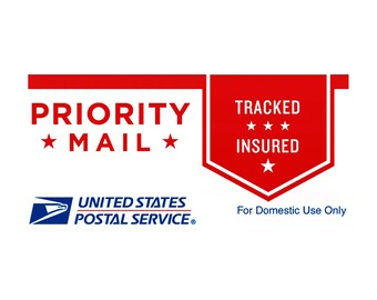 May include: Red and white Priority Mail label with the text "TRACKED" and "INSURED" and three stars. The label also includes the text "UNITED STATES POSTAL SERVICE®" and "For Domestic Use Only".