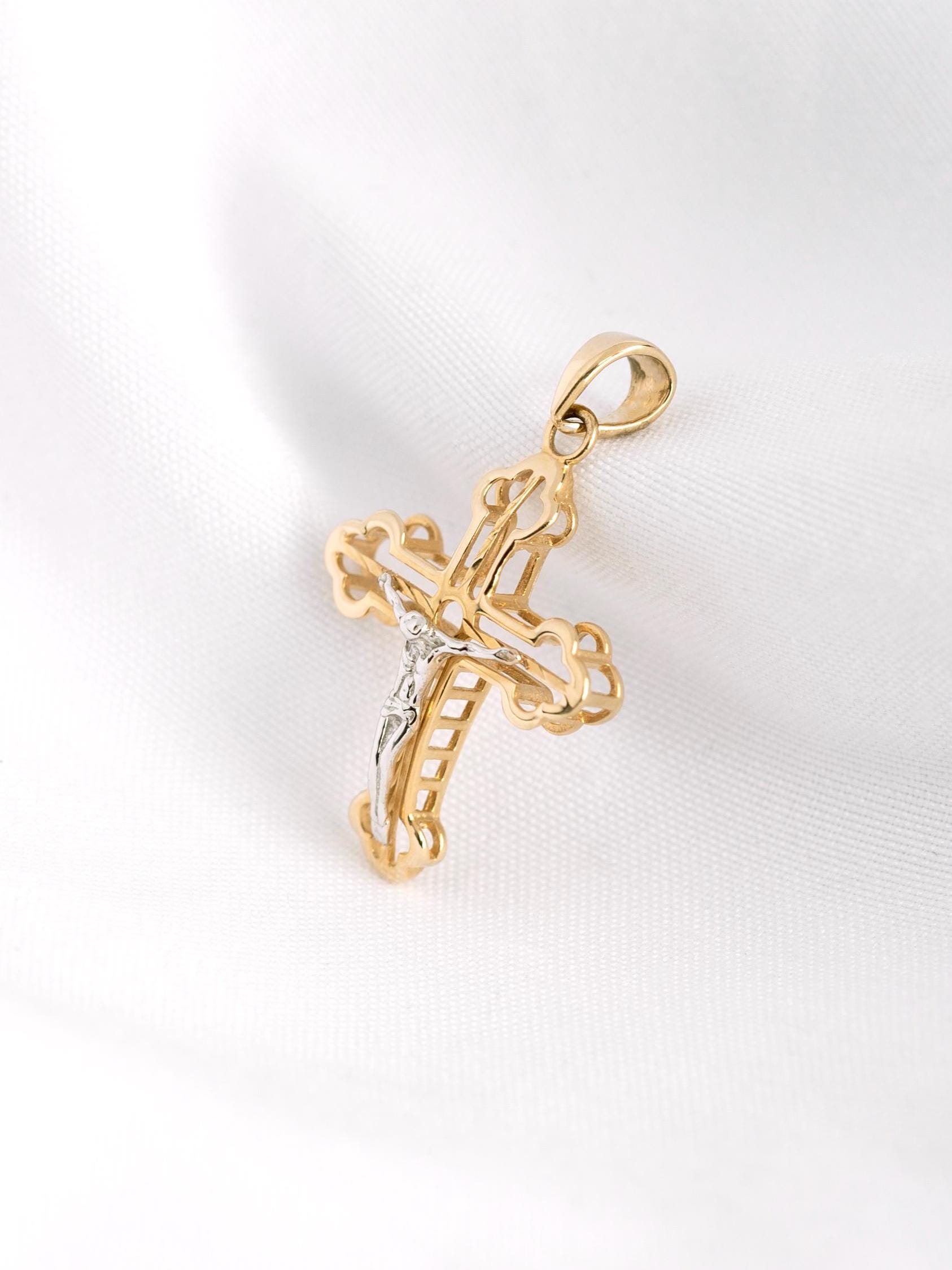 14k solid yellow gold cross charm pendant, unisex cross pendant, Made in Italy
