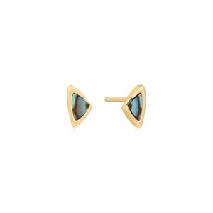 May include: A pair of gold triangle earrings with iridescent abalone shell insets.