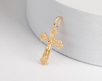 14k solid yellow gold Crucifix pendant, unisex cross charm pendant